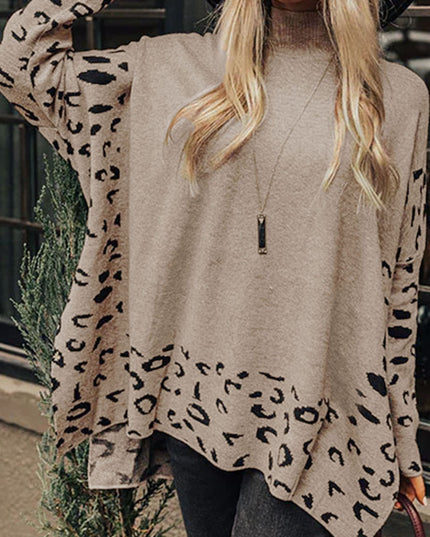 Khaki Leopard Casual Side Slit High Neck Oversized Sweater