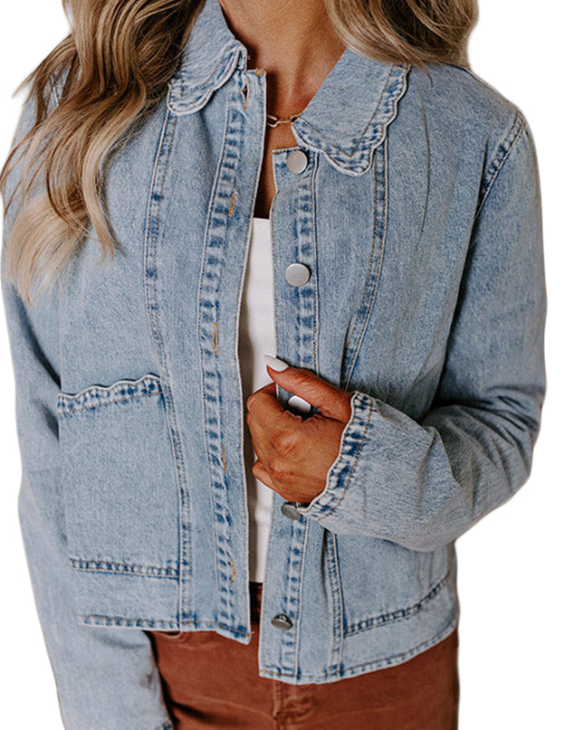 Myosotis Scallop Trim Collar Pocket Button Up Denim Jacket