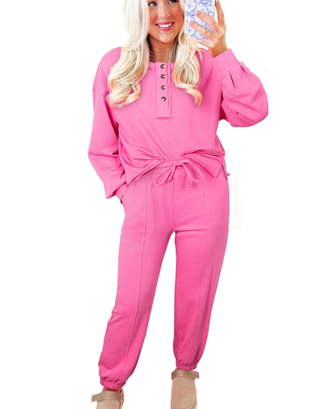 Bright Pink Raw Edge Henley Pullover and Jogger Pants Set