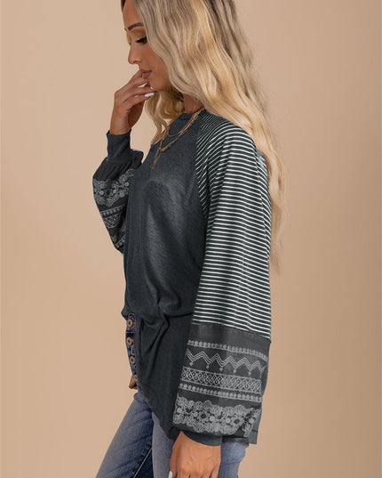 Rose Red Contrast Print Striped Raglan Long Sleeve Loose Top