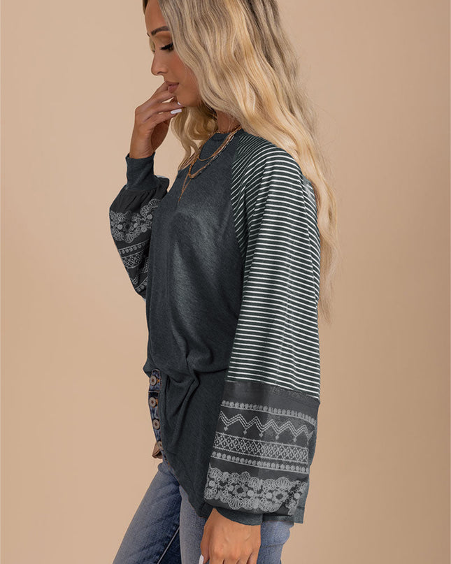 Rose Red Contrast Print Striped Raglan Long Sleeve Loose Top