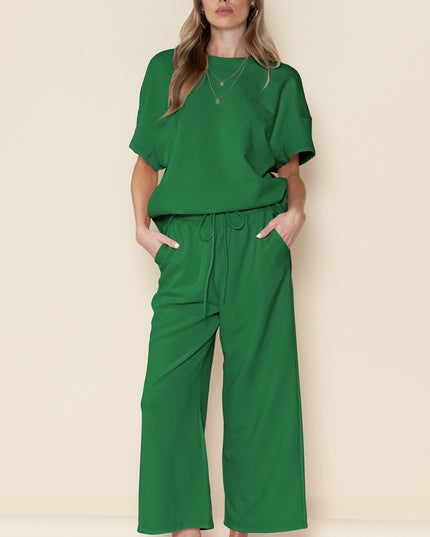 Black Textured Loose Fit T Shirt and Drawstring Pants Set