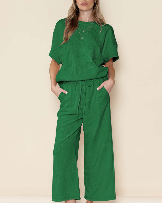 Black Textured Loose Fit T Shirt and Drawstring Pants Set