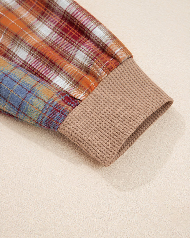 Straw Yellow Waffle Stripe Plaid Patchwork Henley Top