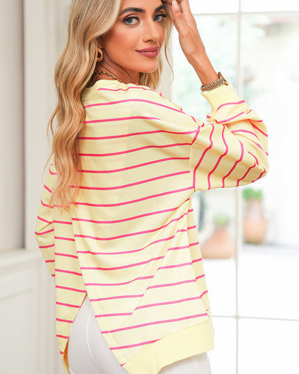 Blue Striped Overlap Detail Drop Shoulder Pullover Sweatshirt