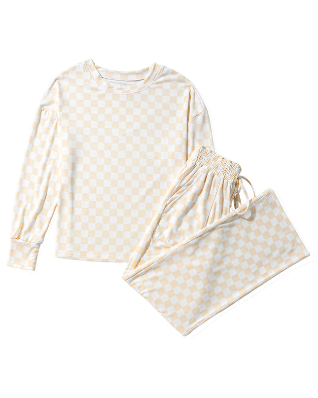 Beige Checkered Print Long Sleeve Loose Fit Pajama Set
