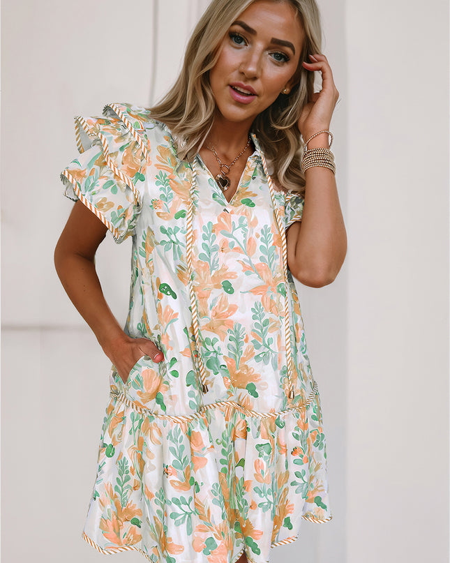 Orange Floral Contrast Edge Ruffle Sleeve Tie Neck Mini Dress