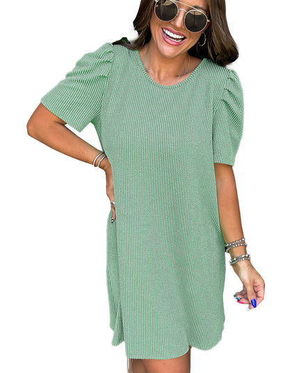 Blossom Corded Crew Neck Puff Sleeve Mini Dress