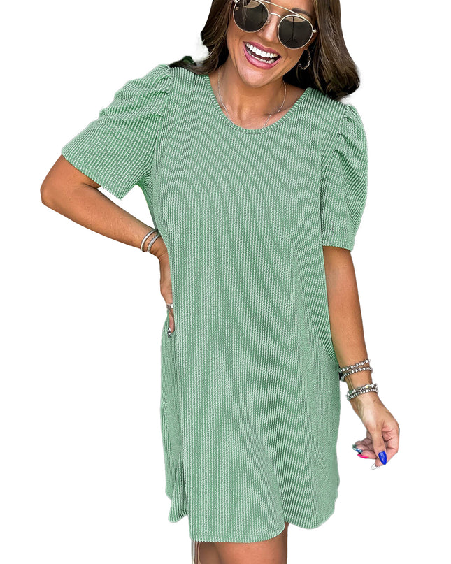 Blossom Corded Crew Neck Puff Sleeve Mini Dress