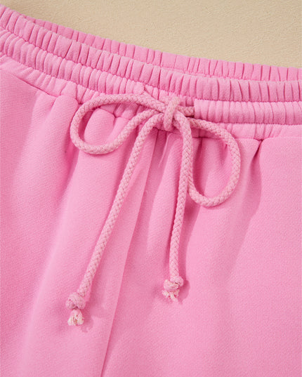 Strawberry Pink Colorblock Pullover and Drawstring Shorts Set