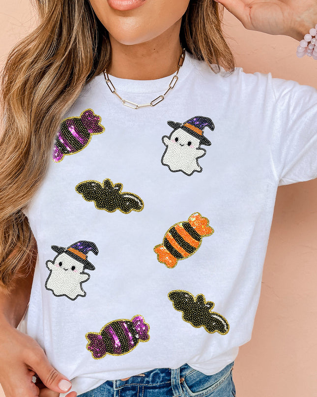 Black Sequined Halloween Spirit Pattern Patched Custom Casual Tee