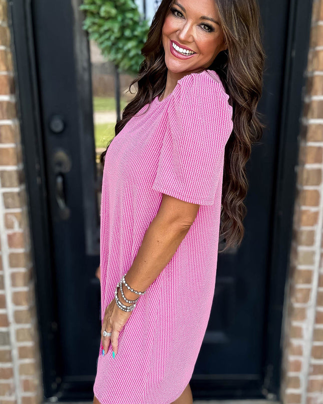 Blossom Corded Crew Neck Puff Sleeve Mini Dress