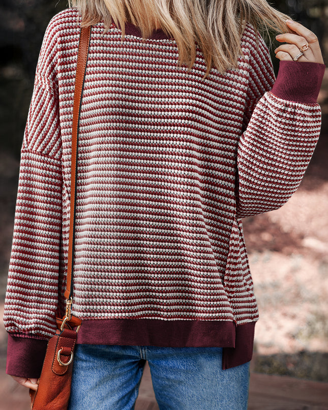 Brown Stripe Ribbed Trim Drop Shoulder Long Sleeve Oversized Top