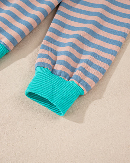 Blue Striped Contrast Trim Drop Shoulder Sweatshirt