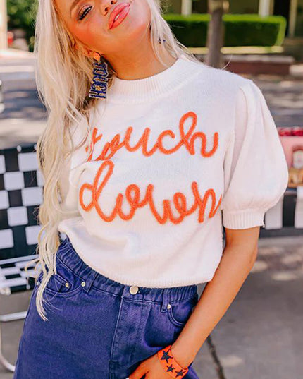 White Touchdown Puff Sleeve Sweater – Game Day Football Graphic Top