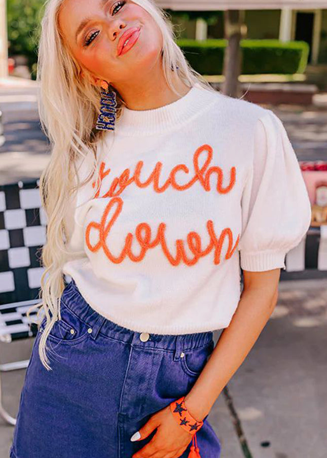 White Touchdown Puff Sleeve Sweater – Game Day Football Graphic Top