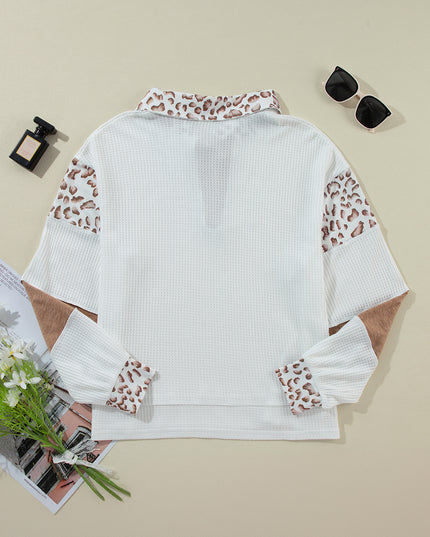 White game day Bow Embroidered Leopard Patchwork Collared Top