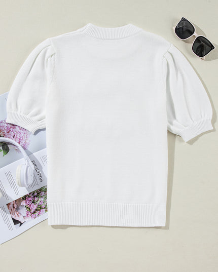 White Touchdown Puff Sleeve Sweater – Game Day Football Graphic Top