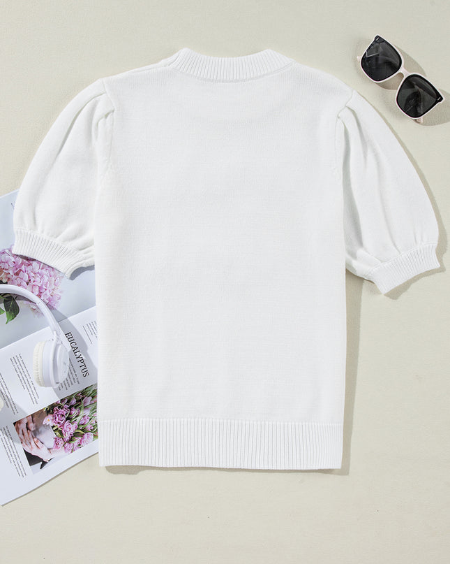 White Touchdown Puff Sleeve Sweater – Game Day Football Graphic Top