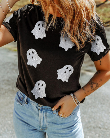 Black Glitter Ghost Pattern Crew Neck Halloween Graphic T Shirt