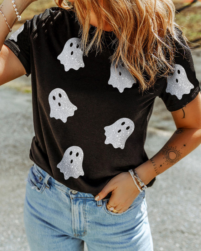 Black Glitter Ghost Pattern Crew Neck Halloween Graphic T Shirt