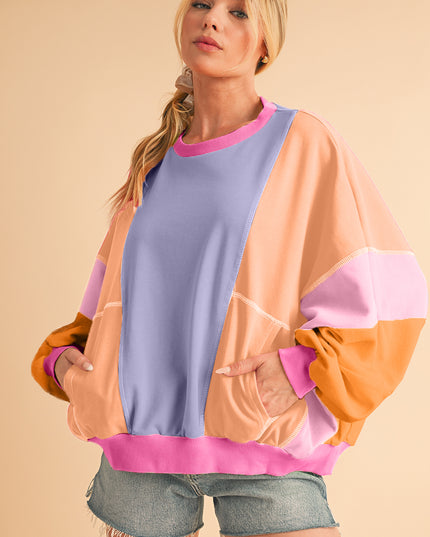 Grapefruit Orange Colorblock Patchwork Drop Shoulder Top