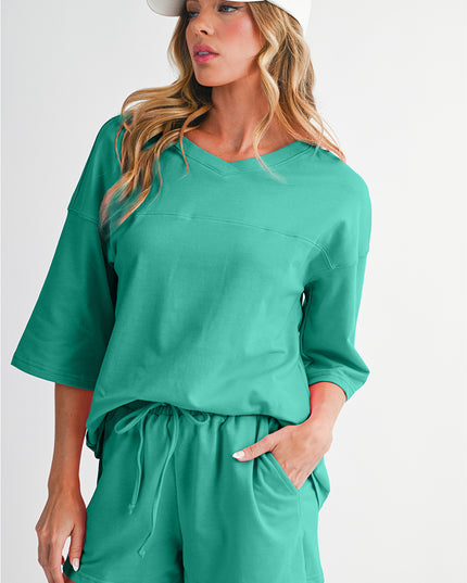 Bonbon Loose V Neck Tee and Drawstring Shorts Set
