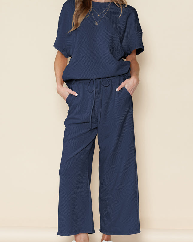 Black Textured Loose Fit T Shirt and Drawstring Pants Set