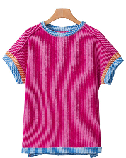 Rose Red Textured Colorblock Round Neck T Shirt