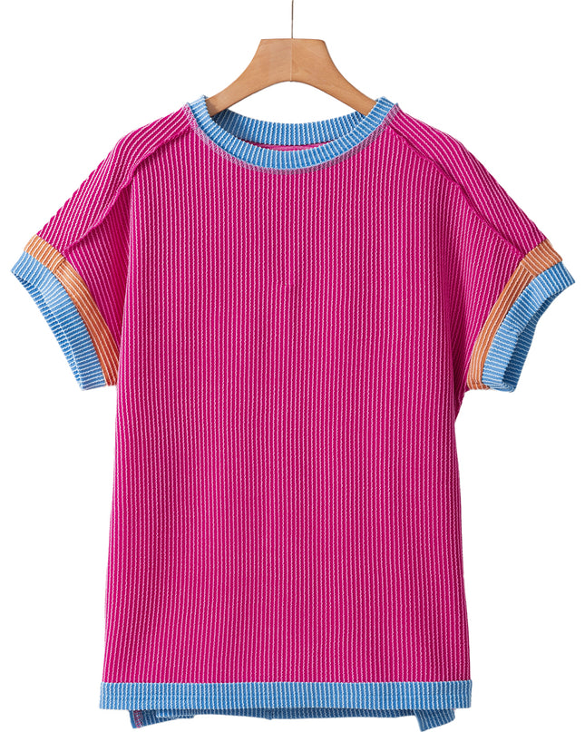 Rose Red Textured Colorblock Round Neck T Shirt