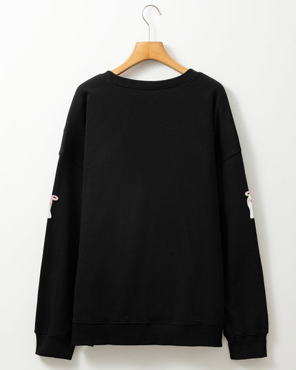 Black Sequin Cute Bow Ghost Graphic Crew Neck Halloween Sweatshirt
