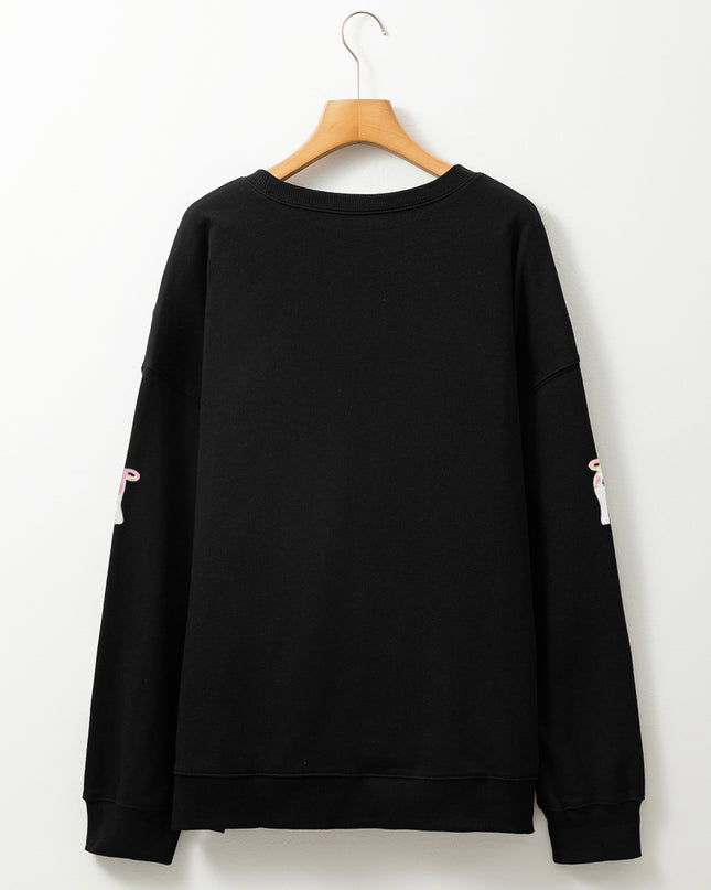 Black Sequin Cute Bow Ghost Graphic Crew Neck Halloween Sweatshirt