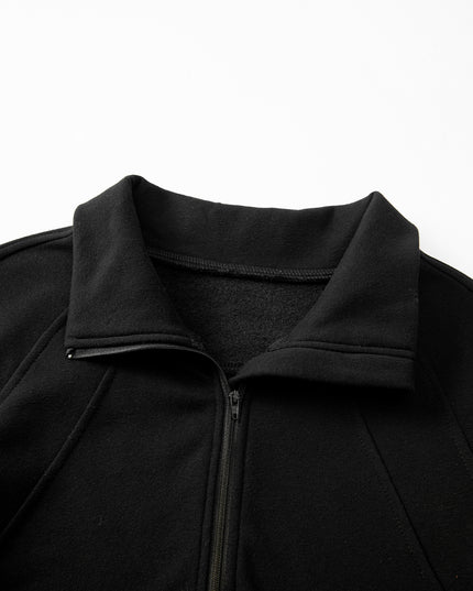 Black Zip Up Stand Collar Ribbed Thumbhole Sleeve Sweatshirt