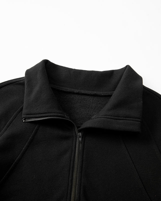 Black Zip Up Stand Collar Ribbed Thumbhole Sleeve Sweatshirt