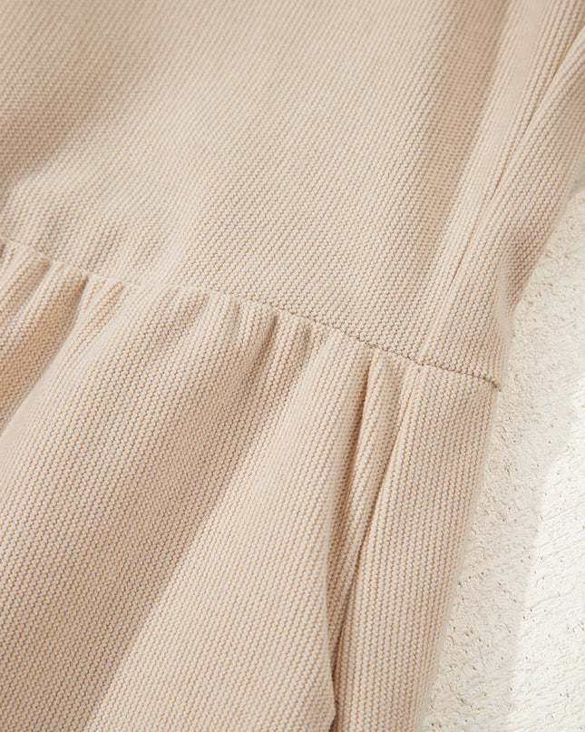 Oatmeal Corduroy Half Button Collared Long Sleeve Mini Dress