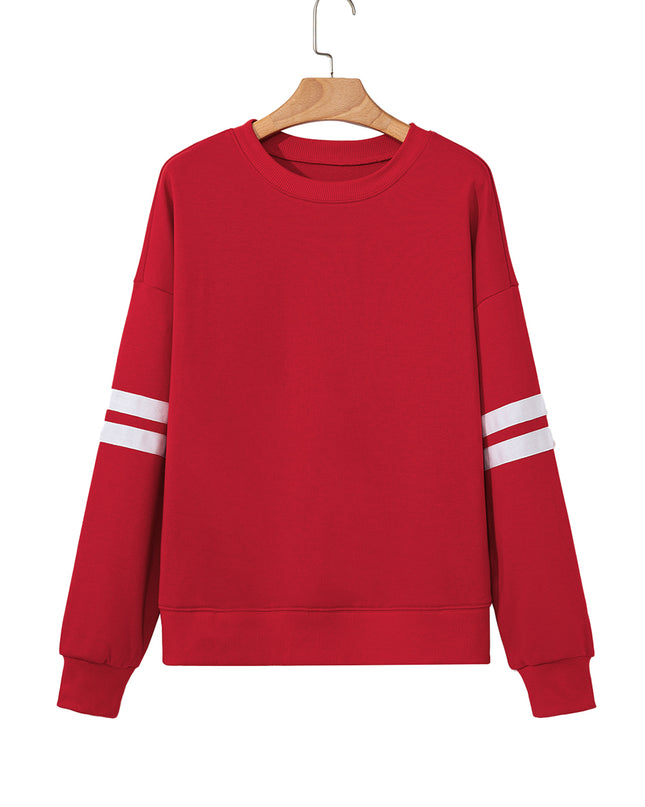 Fiery Red Preppy Striped Sleeve Loose Sweatshirt