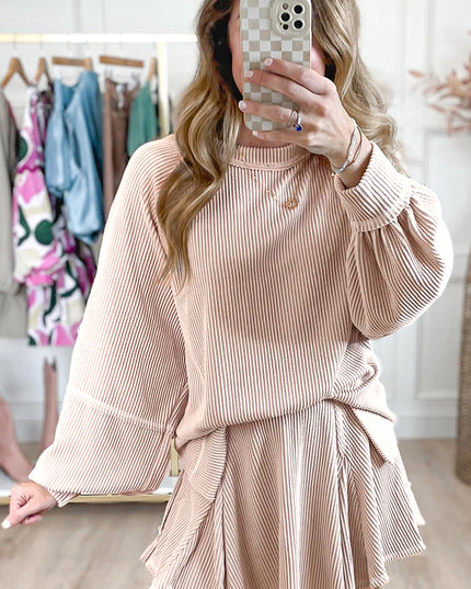 Jet Stream Lantern Sleeve Pullover & Ruffle Mini Skirt Set – Chic Two Piece Outfit
