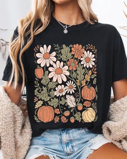 Black Wild Flower Pumpkin Print T Shirt