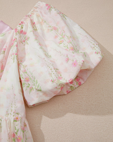 Pink Floral Puff Sleeve Square Neck Knotted Backless Ruffle Mini Dress