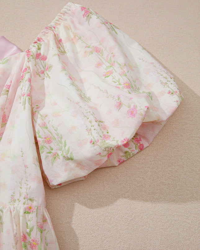 Pink Floral Puff Sleeve Square Neck Knotted Backless Ruffle Mini Dress