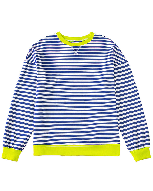 Blue Striped Contrast Trim Drop Shoulder Sweatshirt