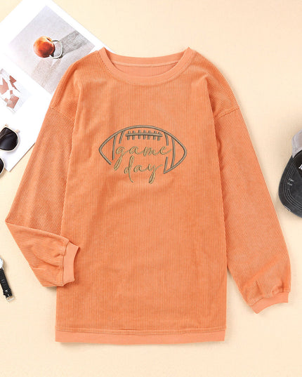 Dark Blue Football Graphic Drop Shoulder Game Day Corded Sweatshirt