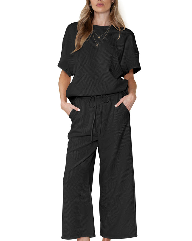 Black Textured Loose Fit T Shirt and Drawstring Pants Set