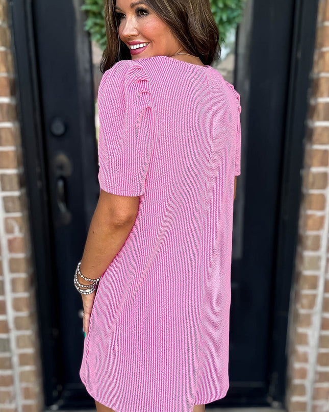 Blossom Corded Crew Neck Puff Sleeve Mini Dress