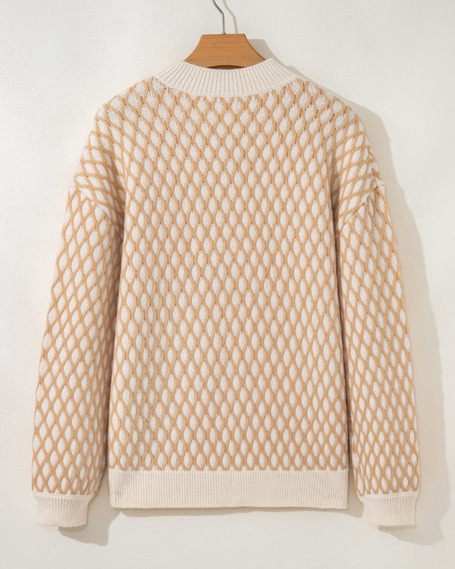 Smoke Gray Checkered Textured Knit Mock Neck Sweater