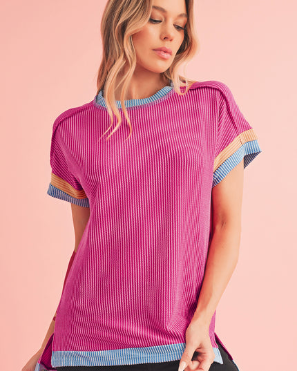 Rose Red Textured Colorblock Round Neck T Shirt