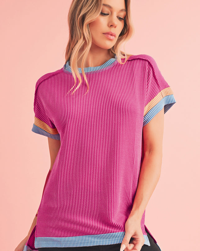 Rose Red Textured Colorblock Round Neck T Shirt