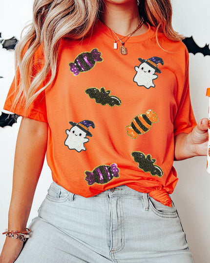 Black Sequined Halloween Spirit Pattern Patched Custom Casual Tee