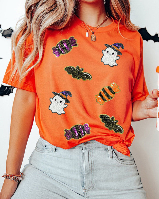 Black Sequined Halloween Spirit Pattern Patched Custom Casual Tee