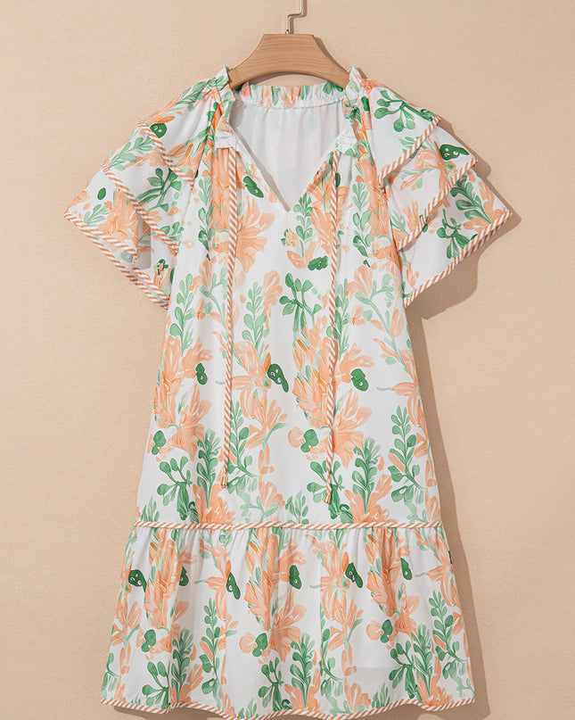 Orange Floral Contrast Edge Ruffle Sleeve Tie Neck Mini Dress
